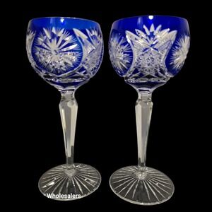 Set‎ 2 Cobalt Blue Crystal Cut Hock Wine Glasses Starburst Val St. Lambert